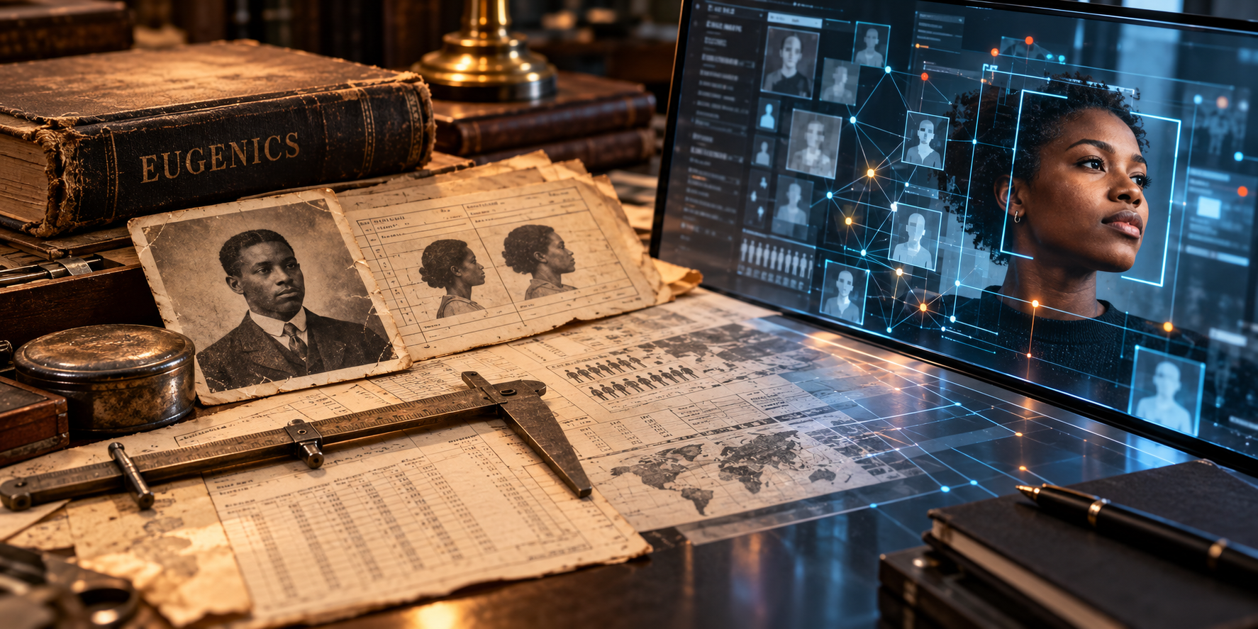 Fictional archival records and a eugenics book merge into a modern AI screen showing a Black woman
